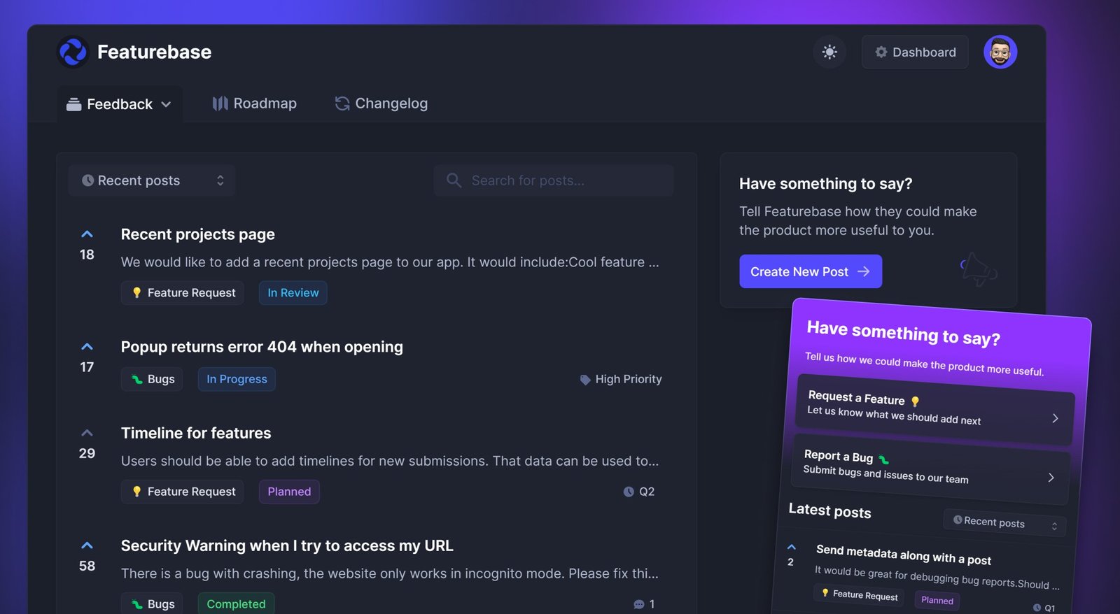 The Featurebase feedback portal showing already received user feedback.